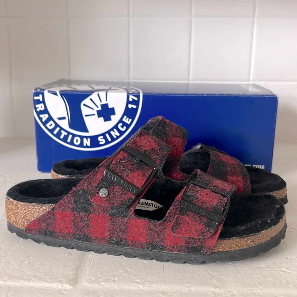 Birkenstock Arizona Rivet Plaid Red Shearling Wool Narrow - Picture 7 of 7